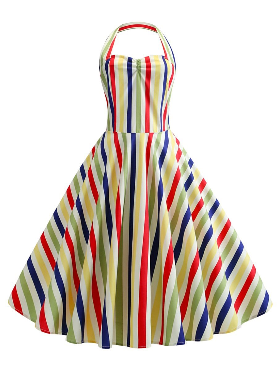 1950s Halter Neck Dress Color Block Striped A-Line Dress