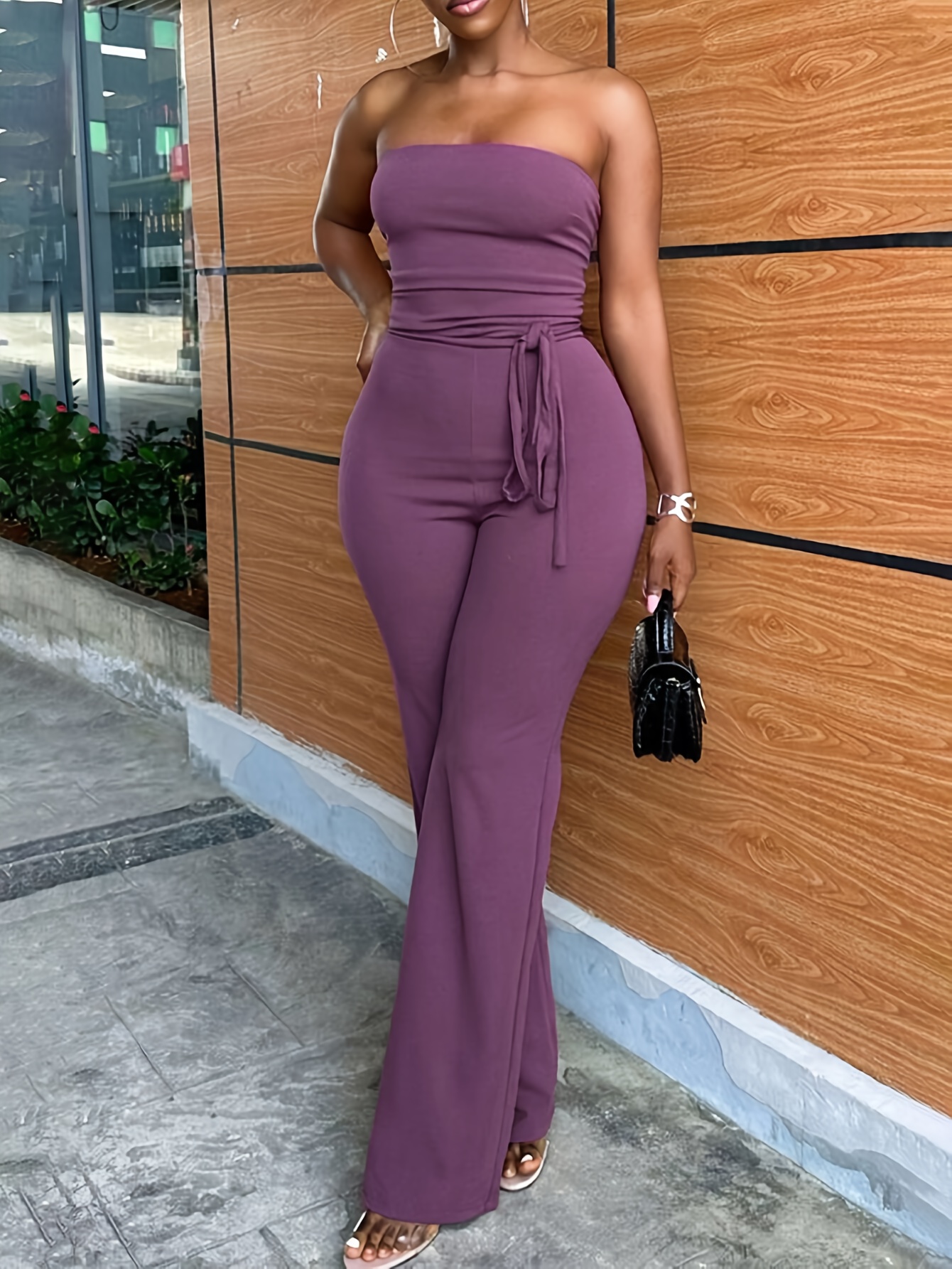 Elegant Purple Strapless Wide-Leg Jumpsuit For Women - Sleeveless Tube Top Design With Drawstring Waist, High-Quality Polyester Fabric, Perfect For Spring/Summer Outfit | IFYHOME