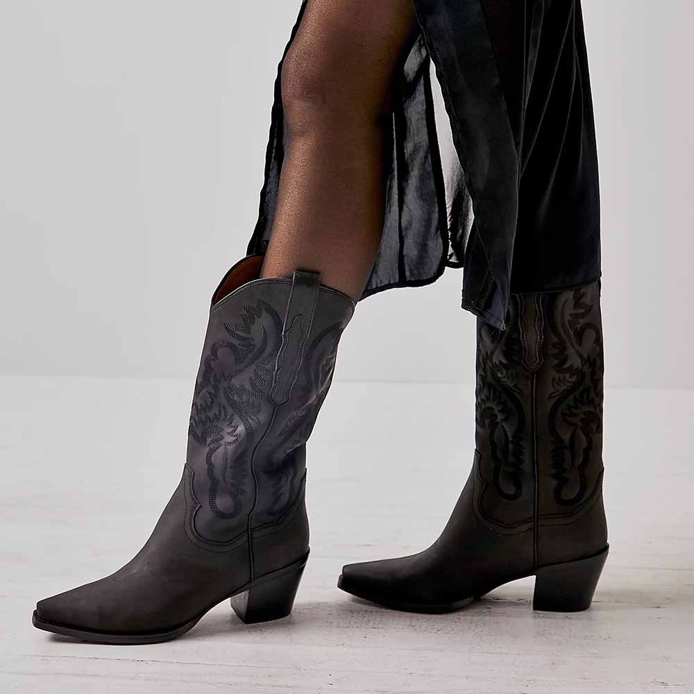 Dark Grey Pointed Toe Block Heels Mid Calf Embroidered Cowgirl Boots