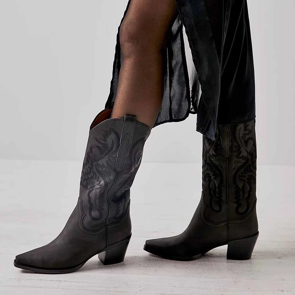 Dark Gray Pointed Toe Block Heels Mid Calf Embroidered Cowgirl Boots Nicepairs