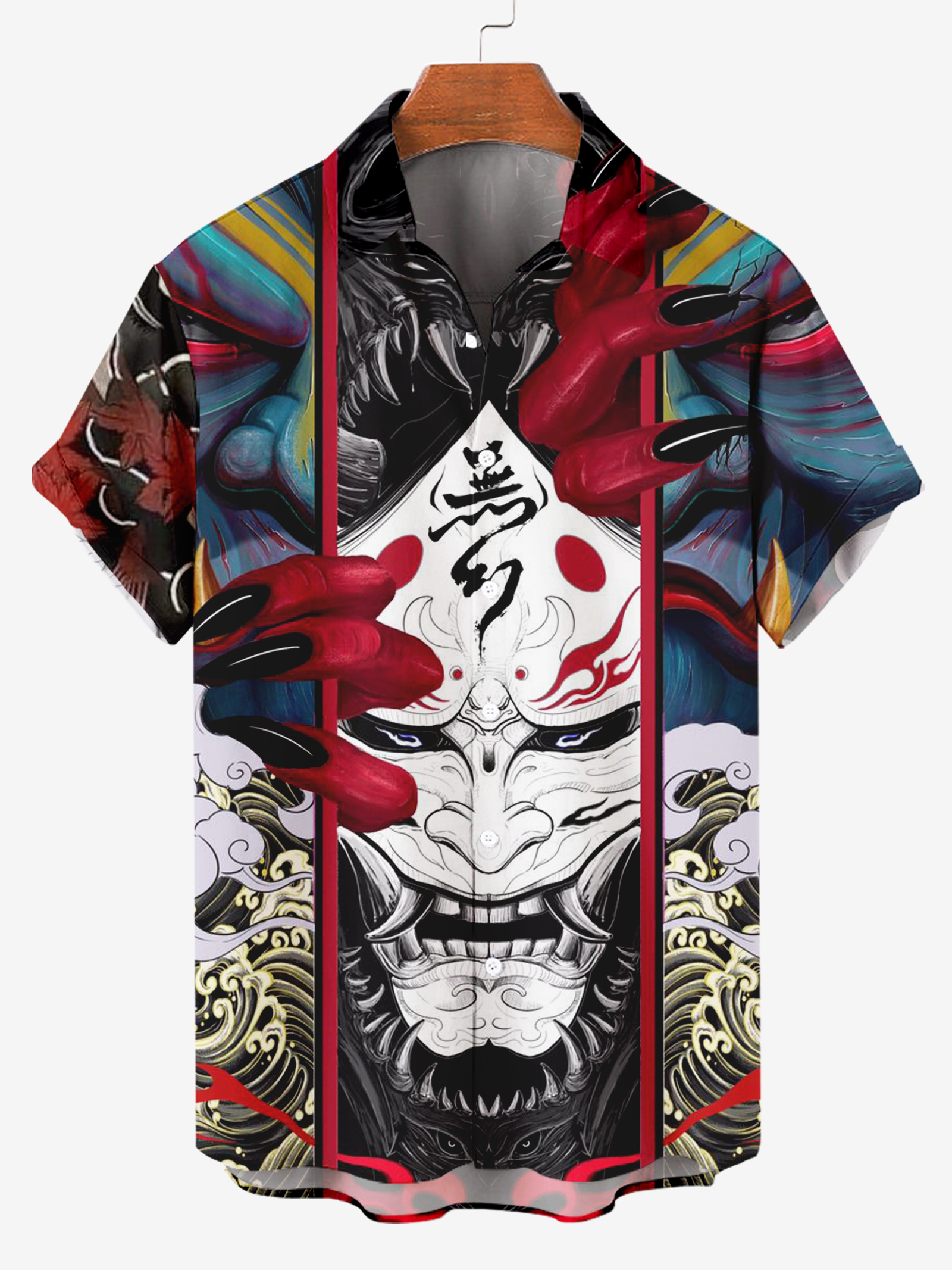 Men's Shirt Collar White Red Claw Mask Print Casual Short Sleeve Shirt PLUSCLOTHESMAN