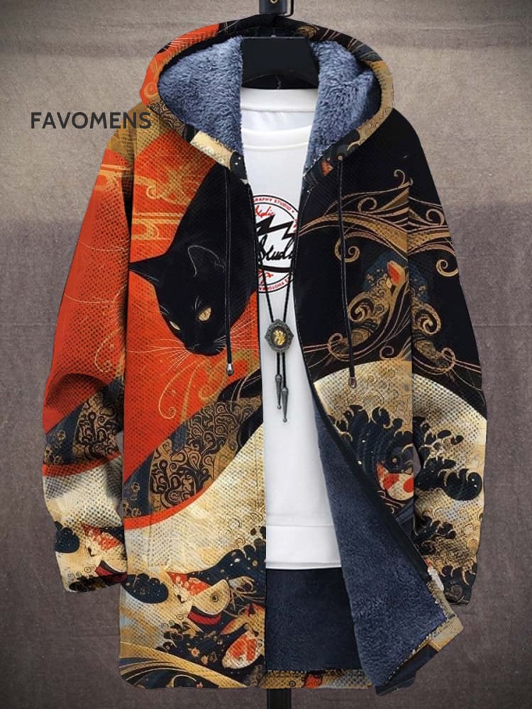 Vintage Japanese Ukiyo-E Black Cat Art Unisex Plush Thick Long-Sleeved Sweater Cardigan Coat