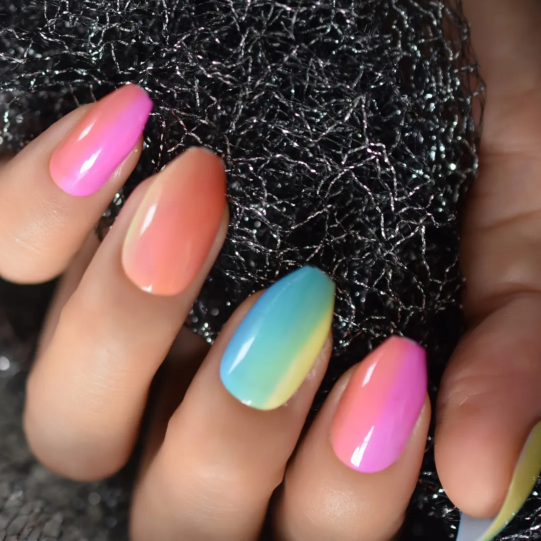 24pcs Coffin Press On Nails Medium Glossy Rainbow Color Ballerina Fake Nails Set Clear Nude False Ongles-Nail Inspo