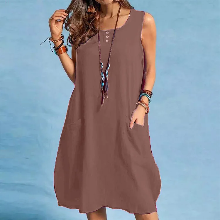 women's cotton linen loose casual solid color pocket dress socialshop