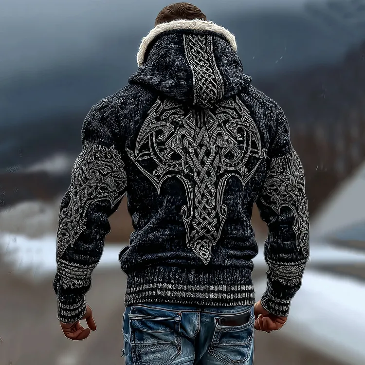 Men's Vintage Viking Celtic Knot Pattern Fur Trim Knit Hooded Sweater
