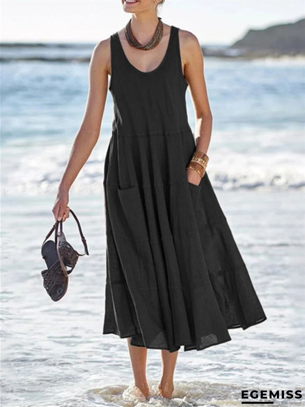 Sleeveless Multi-layer Beach Dress In Cotton And Linen Black Dresses | EGEMISS