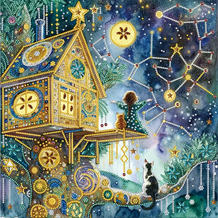 Partial Special-shaped Diamond Painting - Fantasy Starry Sky Treehouse 40*40CM