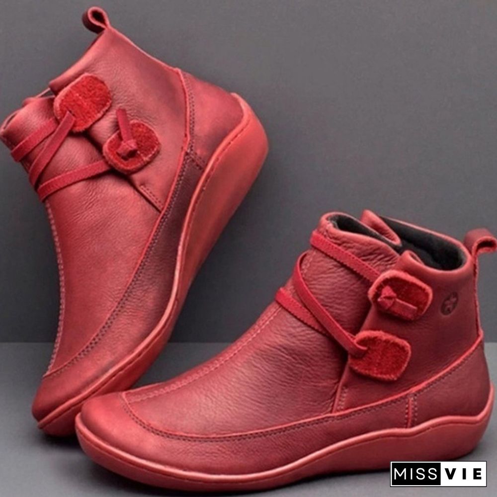 Women's Braided Strap Flat Heel All Season Boots Waterproof Leather Comfortable Flat Heel Boots Round Toe Ankle Boots