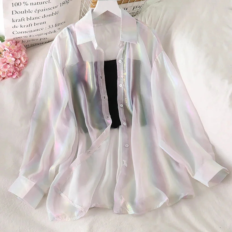 Oocharger Rainbow Loose Women Tops Shirts Harajuku Glossy Tulle Blouse Fashion Korean Long Sleeve Summer Beach Cute Ladies Tops