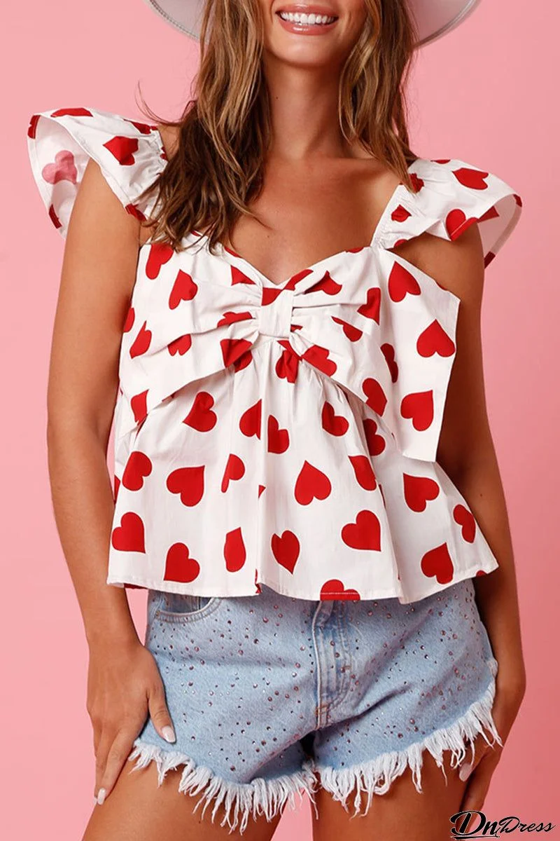 Sweet Cute Geometric Print With Bow V Neck Tops