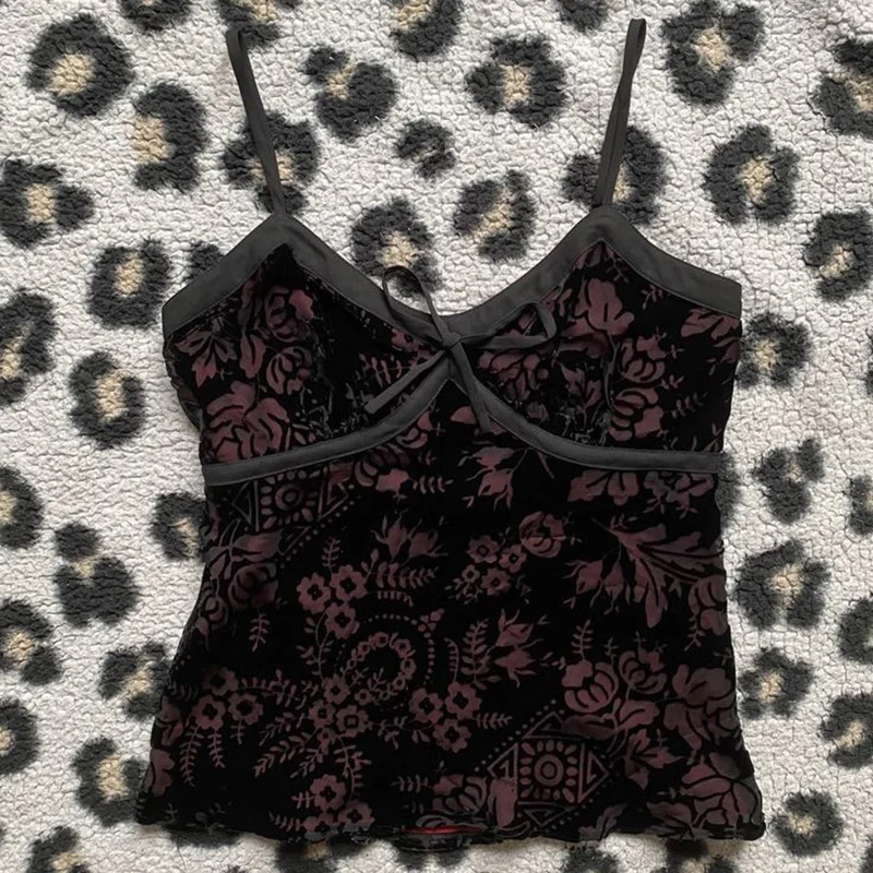 Aonga Sexy Red Contrast Lace Bow Front Crop Cami Top Women 2000s Summer Hiphop Grunge Punk Y2K Clothes Ruched Skinny Backless Tank Top aonga