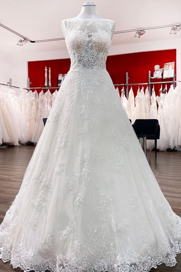 Romantic A-line Jewel Tulle Long Wedding Dresses With Lace Appliques | Ballbellas Ballbellas