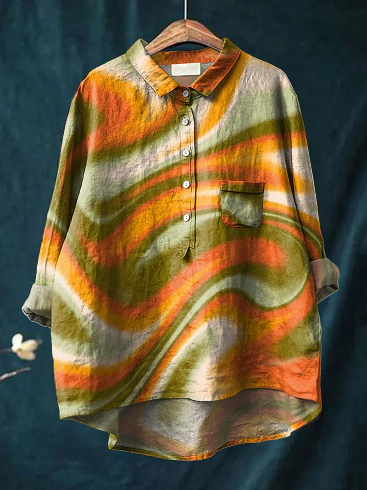 Hippie Style Swirl Pattern Printed Womens Casual Cotton And Linen Shirt