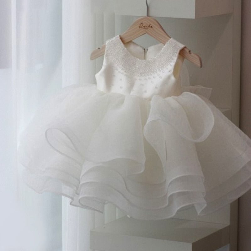 Infant White Lace 1 Year Birthday Baby Girl Dress Children Clothes Baby Beading Cake Princess Dress Party Wedding Baptism Dress