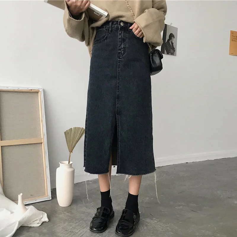 Denim Skirts Women Distressed Vintage Split New Designer High Waist Button Fly Chic Students All-match Daily Korea Style Femme