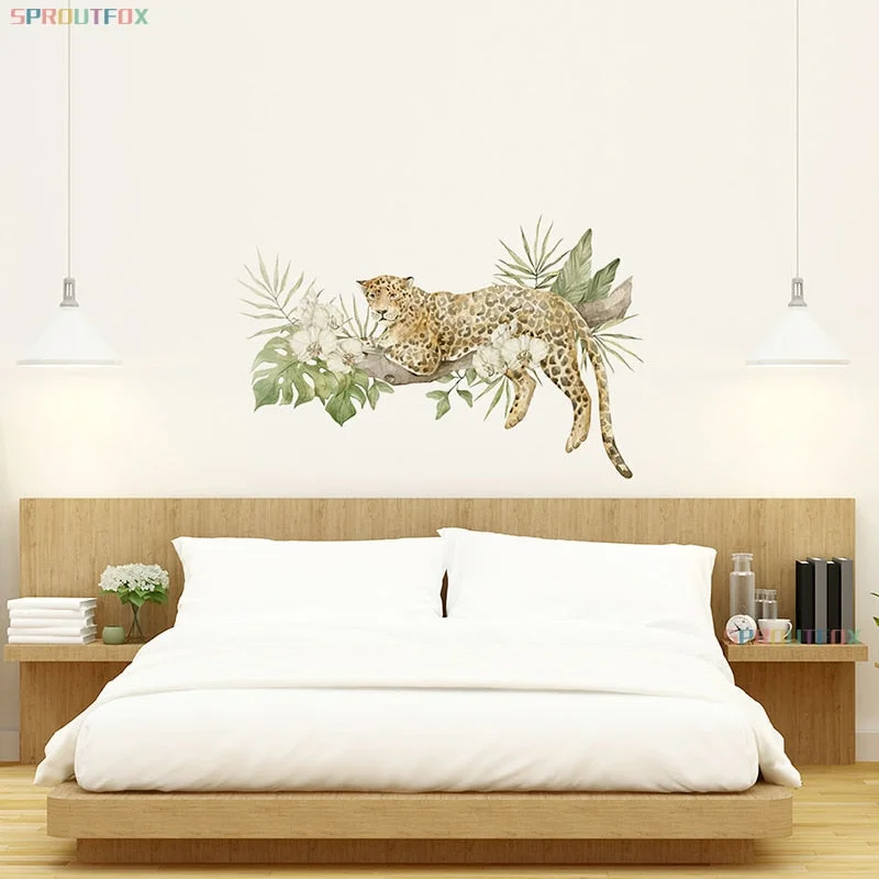 Cartoon Animal Leopard Wall Stickers for Baby Kids Room Nursery Mural Decals Forest Animals Plants Home Decoration