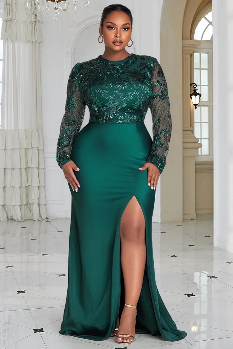 Xpluswear Design Plus Size Wedding Guest Green Round Neck Long Sleeve Split Elegant See Through Sequin Maxi Dresses [Pre-Order]