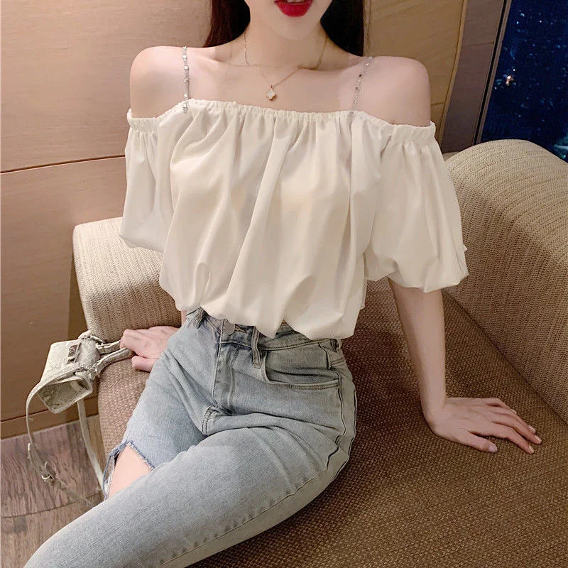 Sdrawing Top Blouse Women Off Shoulder Puff Sleeve Tee Shirt Thin Strap Chiffon Blouses Club Evening Party Clothes Cropped Tops