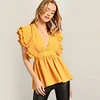SHEIN Lady Yellow Sexy Pleated Ruffle Embellished Plunging V Neck Blouse Summer Sleeveless Glamorous Peplum Womens Tops