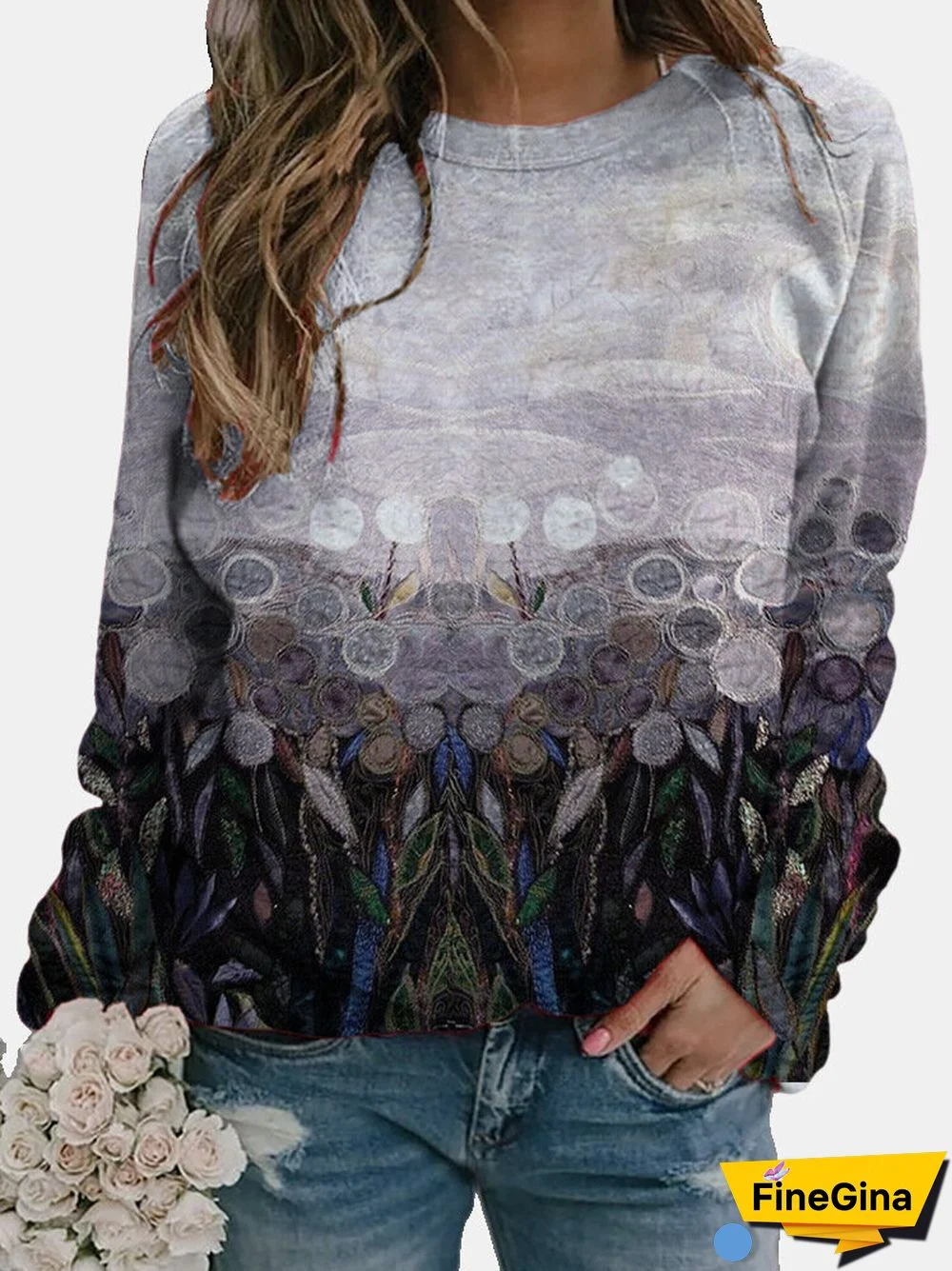 Calico Printed Long Sleeve O-neck Sweatshirt for Women