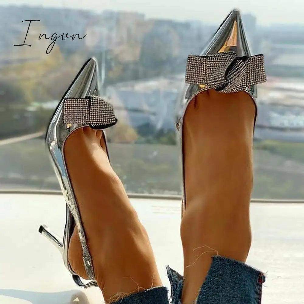 Ingvn - Pointed Toe Studded Bowknot Slingback Thin Heels Silver / 5