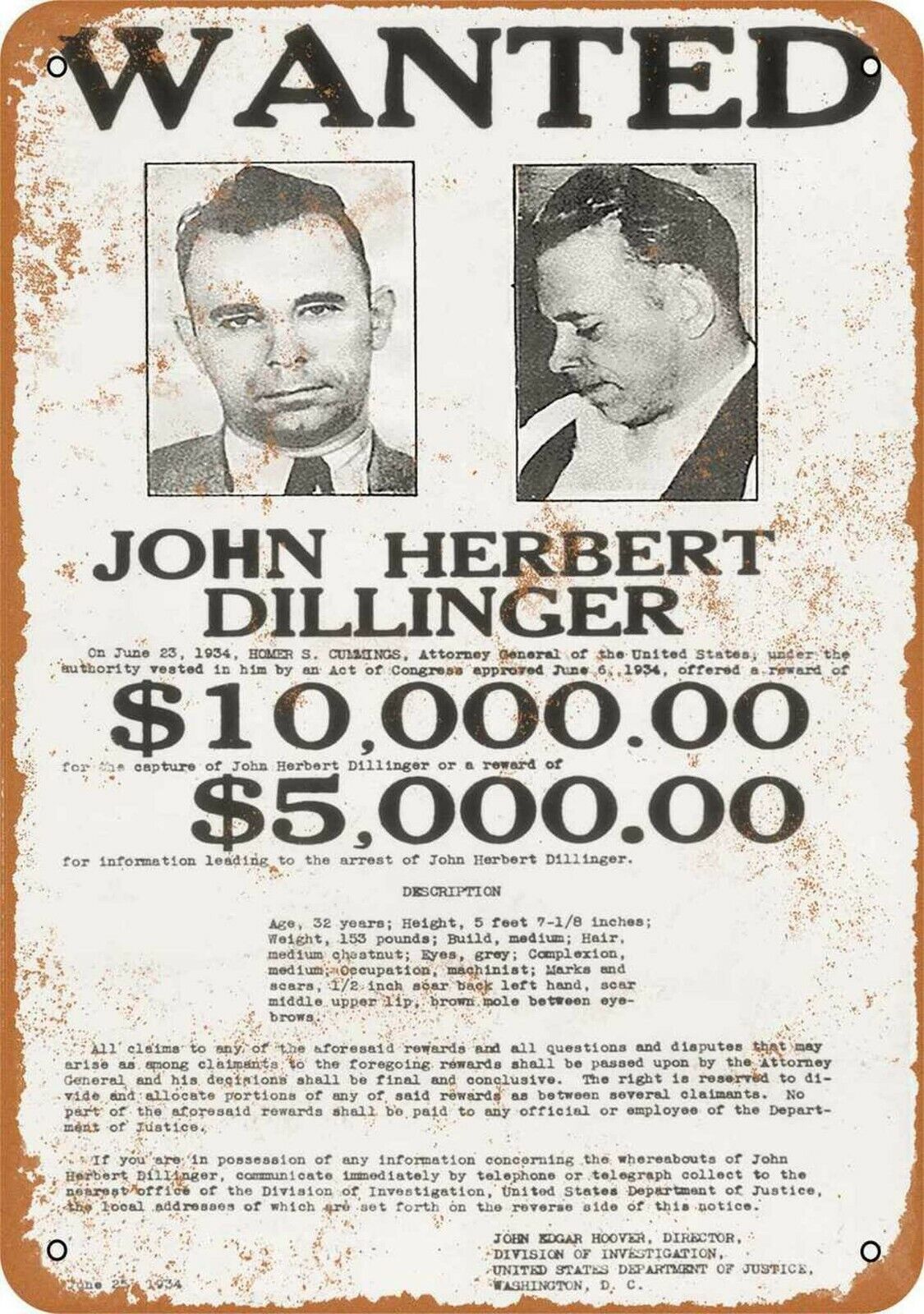 1933 JOHN DILLINGER FBI #1 WANTED POSTER 8.5X11 Photo Poster painting GANG GANGSTER MOB MOBSTER