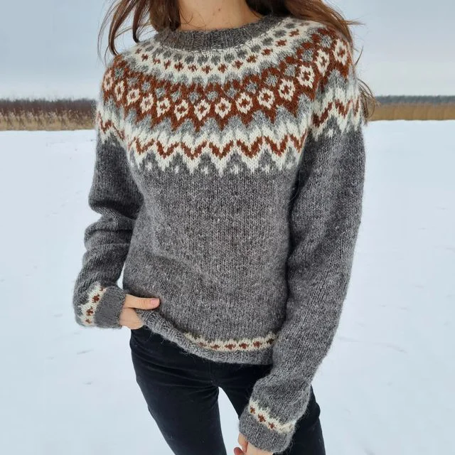 Vintage Fairman Island Print Crew Neck Long Sleeves Sweater