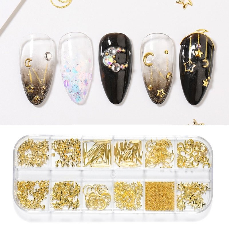 1 Box 12 Grids Metal Moon Star Beads Nail Art Jewelry for Women Luxury 3D Charms Rhinestone Gems Nail Decorations Accesoires
