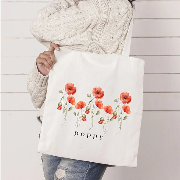 Pupiloves  Botanical Poppy Floral Tote Bag