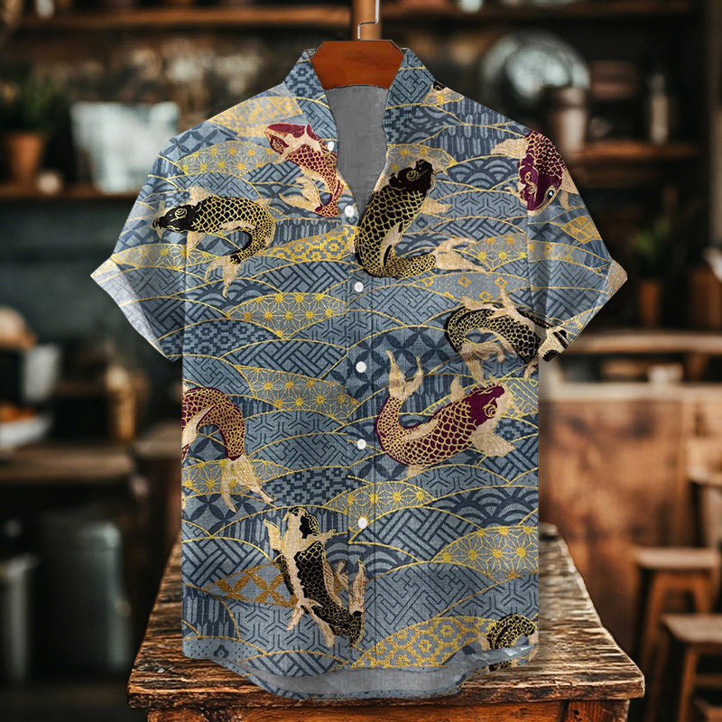 Japanese Art Koi With Waves Pattern Art Print Casual Shirt  artssus