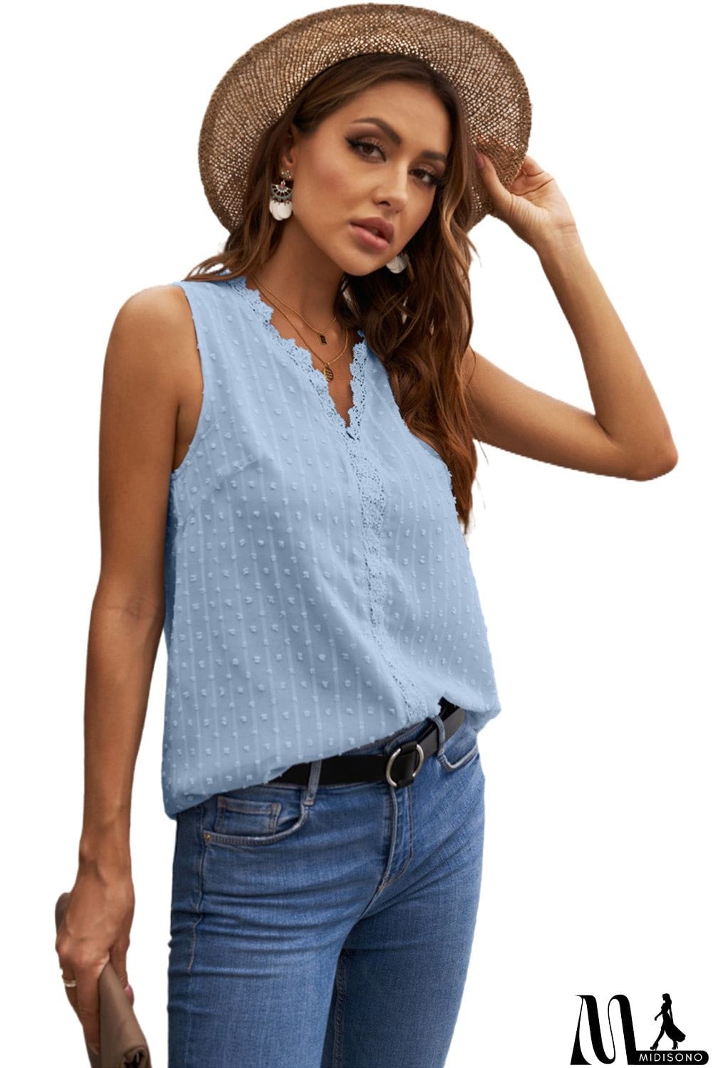 MidiSono - Crochet V Neck Textured Tank Top