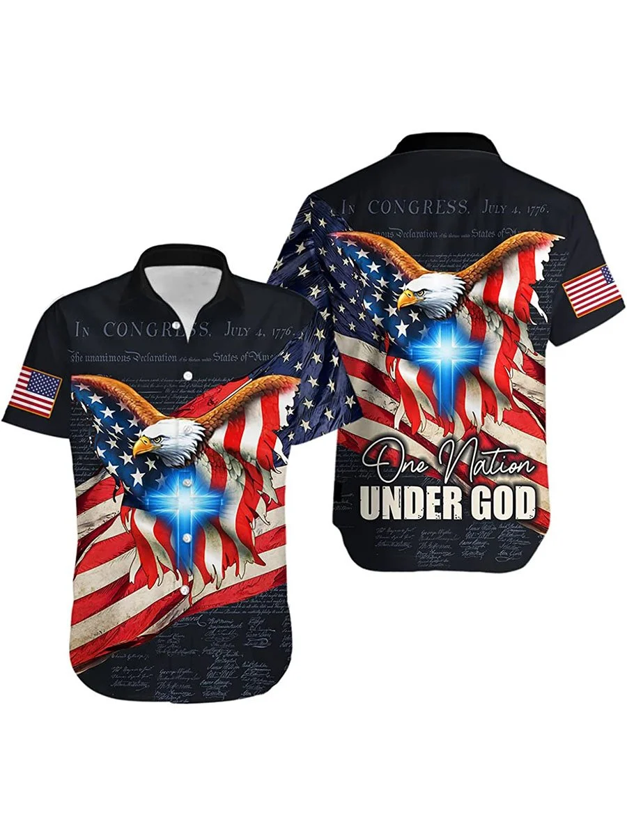 Men's Independence Day One Nation Under God Jesus Flag Print Shirt