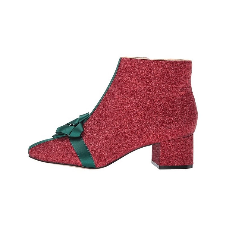 Red and Green Ribbon Glitter Boots Block Heel Almond Toe Ankle Boots |FSJ Shoes