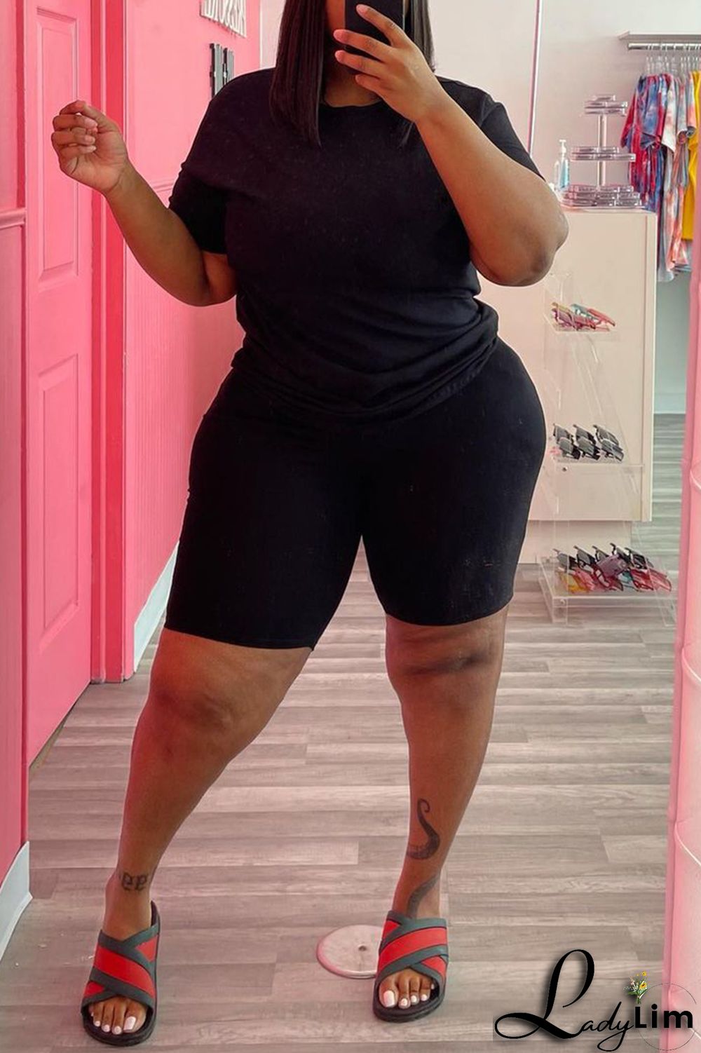 Black Fashion Casual Solid Basic O Neck Plus Size Two Pieces