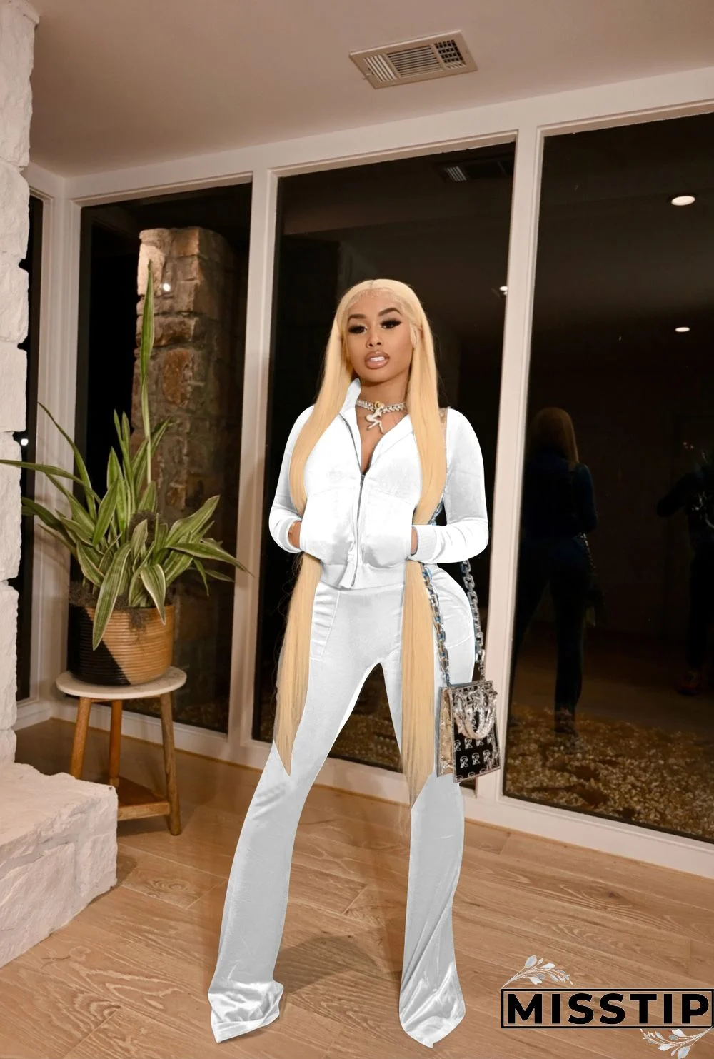 Velvet Solid Zip Jacket Crop Top Flared Pants Set