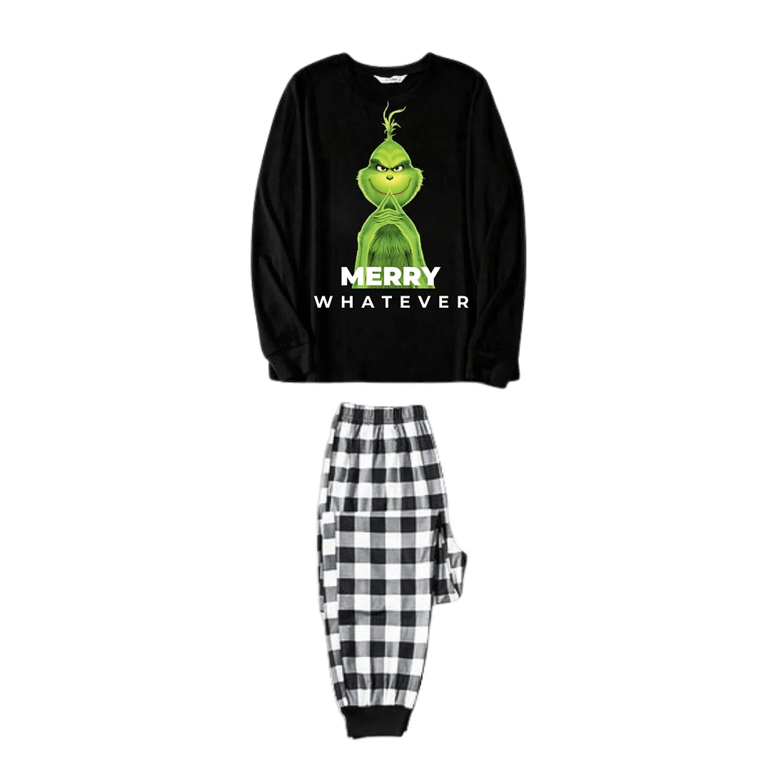 Cute Cartoon Pattern and "Merry Whatever" Slogan Printed Black and White Plaid Family Matching Pajamas