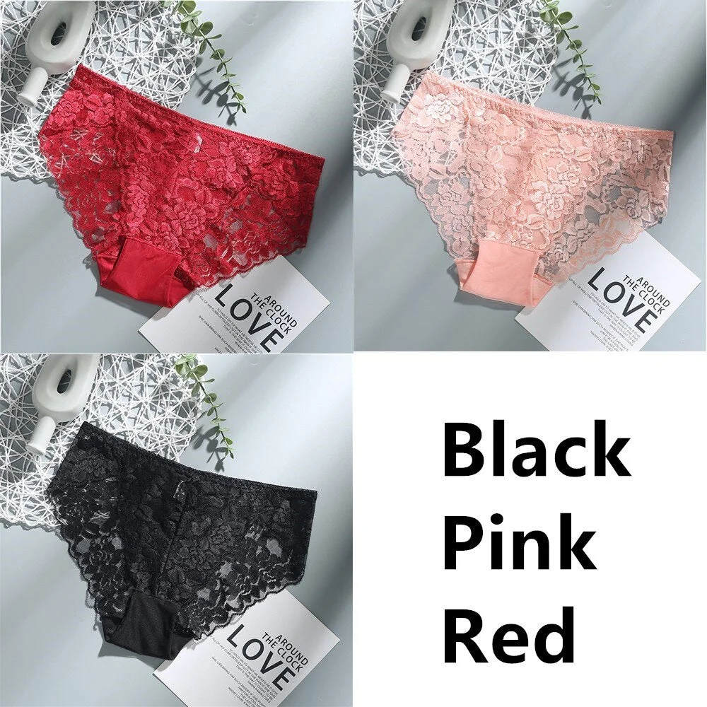 3Pcs Sexy Low Waist Women's Underwear Lace Plus Size Seamless Panties Breathable Lingerie Female Briefs Solid Hollow Underpants
