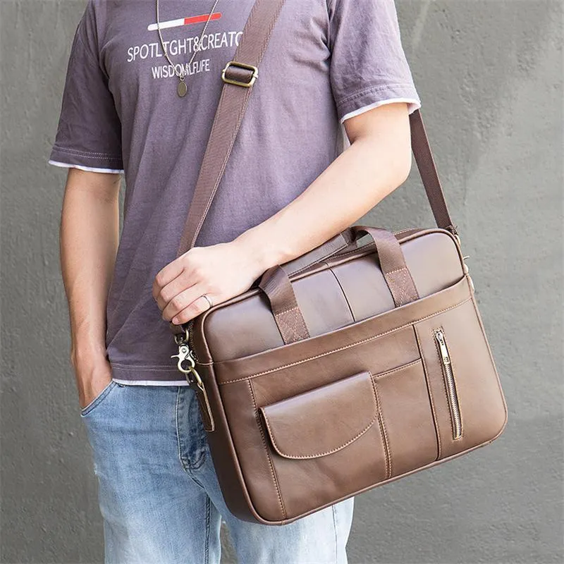 Vintage Style Grain Textured Interior Pocket Detachable Sling Strap Laptop Bag