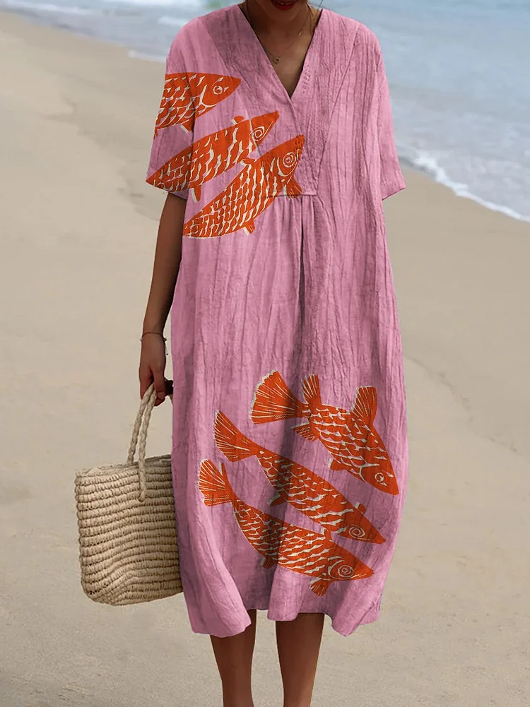 Pink Background and Red Fish Decorative Pattern Flowy Dress