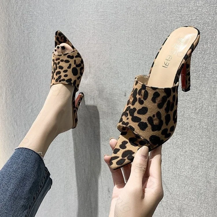 2021 New Brand Design Sandals  Leopard Slippers Large Women Shoes Size 43 High Heel Sandals Black Green Orange shoes women