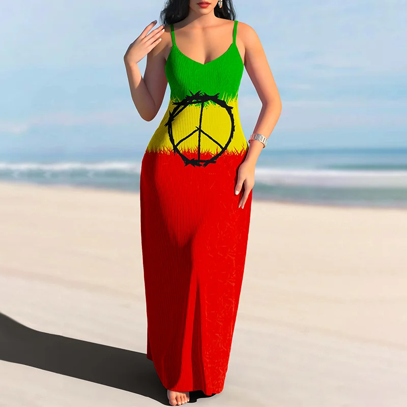 Rasta Contrast and Peace Print Slip Maxi Dress