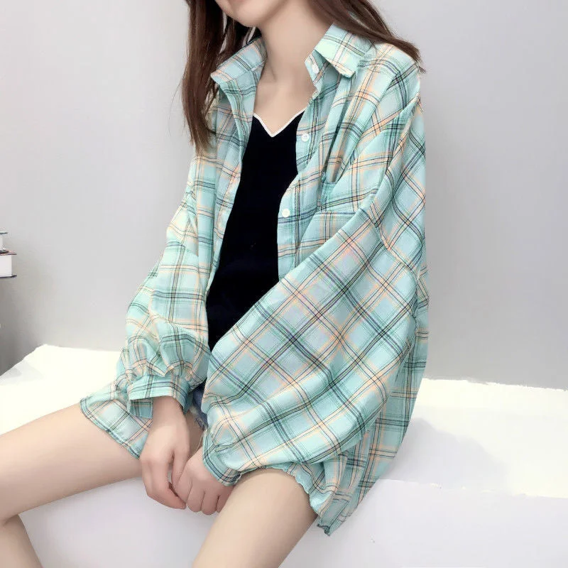 Shirts Women Turn-down Collar Plaid Casual Chic Oversize Daily Outwear Womens Shirt Korean Style Streetwear Sun-proof Harajuku