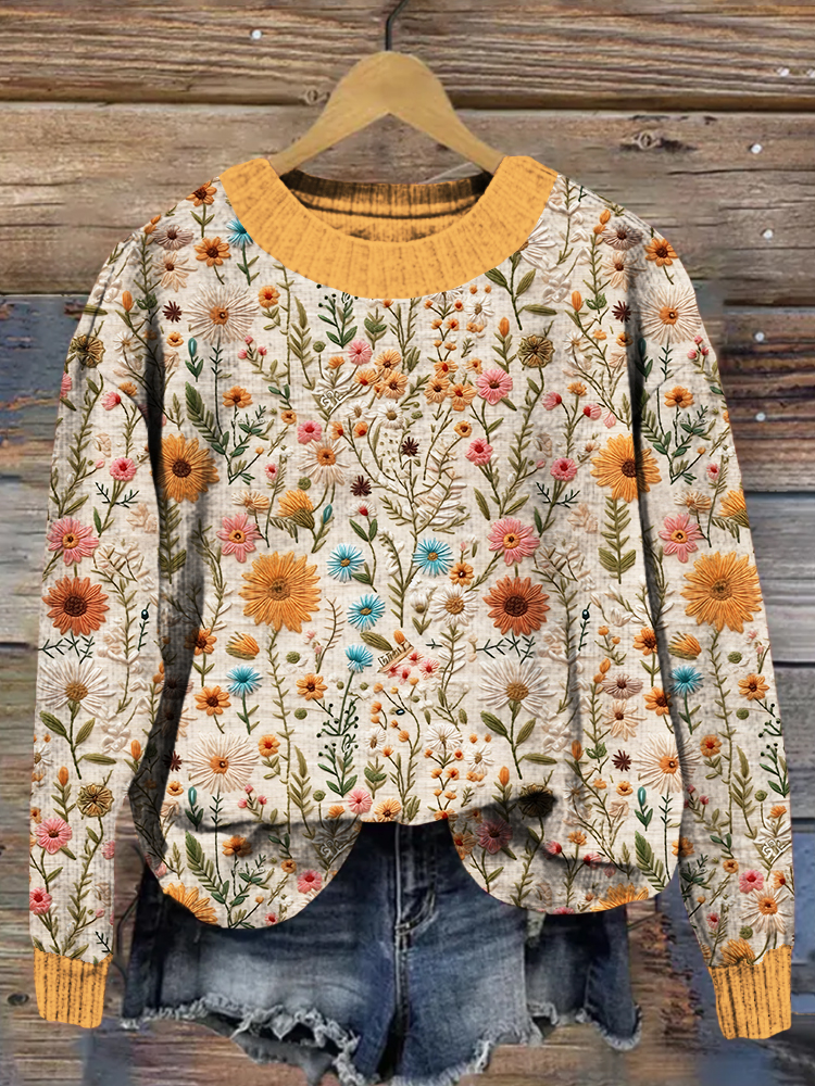 Wildflower Embroidered Crew Neck Cozy Knit Sweater artswardrobe