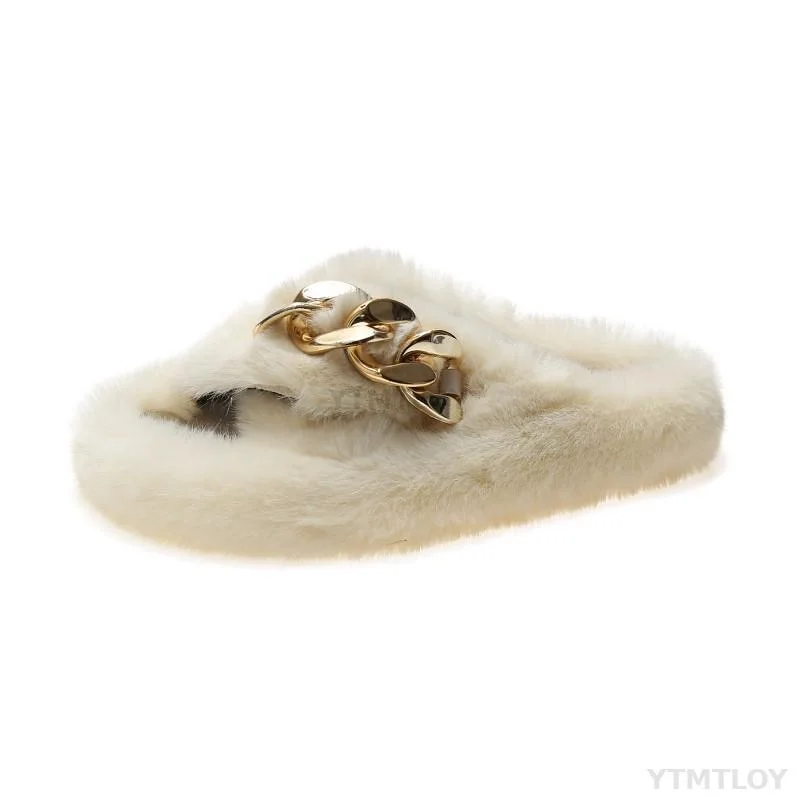 Summer Fluffy Women Slippers Gold Chain Fur Fox Flip Flop Flat Slides Indoor Ytmtloy House Shoes Zapatillas Mujer Casa