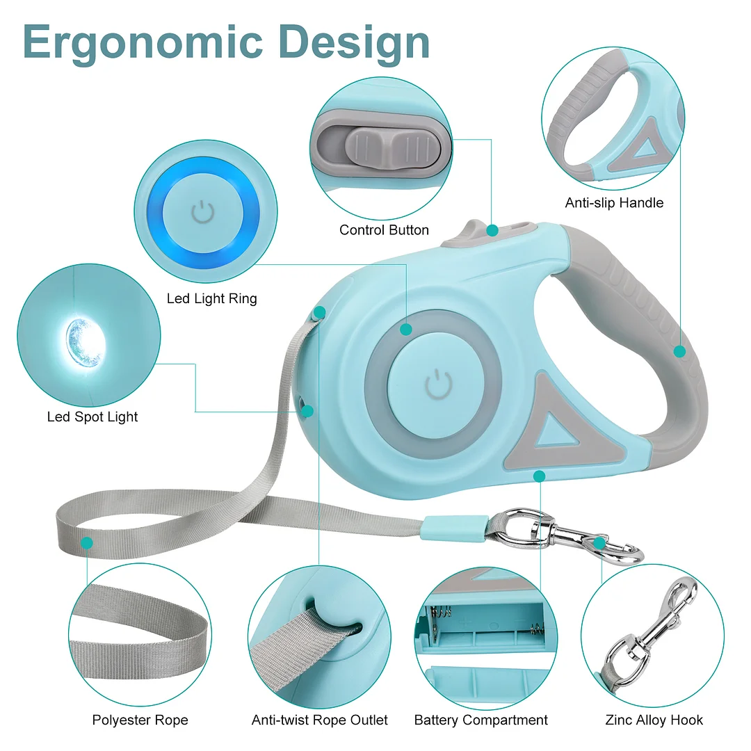 BEBANG Retractable Dog Leash, 16ft with Light, Anti-Slip Handle, One Button Brake & Lock Tangle-Free Dog Retractable Leash