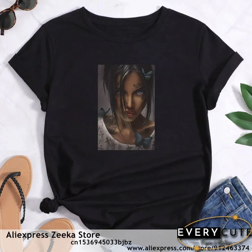 Womens Traveling Fun Print Tee-Shirt for Girls Y2K Harajuku Basics Collar White Shirt