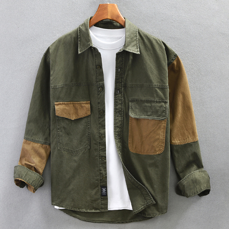 Retro Workwear Heavy-Duty Patchwork Long-Sleeved Hunting Shirt