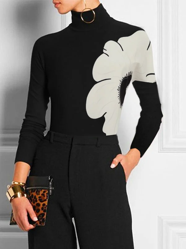 Long Sleeves Skinny Contrast Color Floral Printed Split-Joint High Neck T-shirts