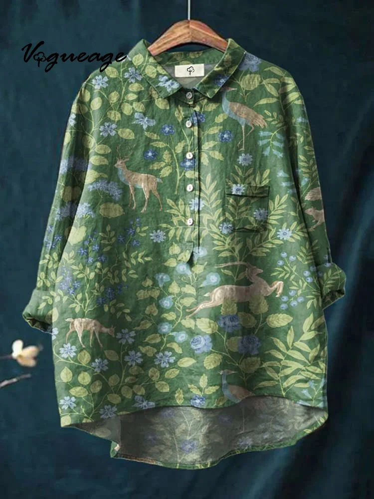 Stylish And Elegant Plant And Flower Deer Printed Cotton And Linen Shirt