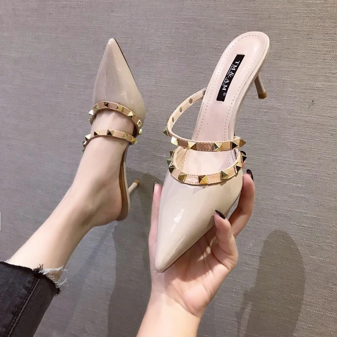 New Fashion Pointed Head Fine Heel High With A Word With Rivets Sandals-PABIUYOU- Women's Fashion Leader